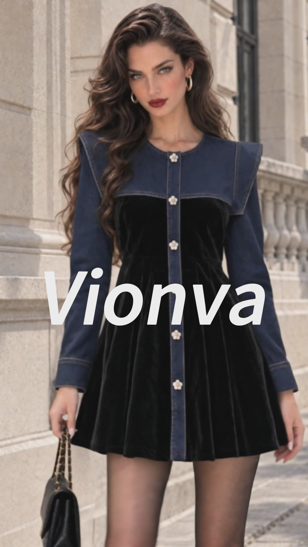 Vintage Velvet Flower-Button Mini Dress