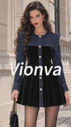 Vintage Velvet Flower-Button Mini Dress