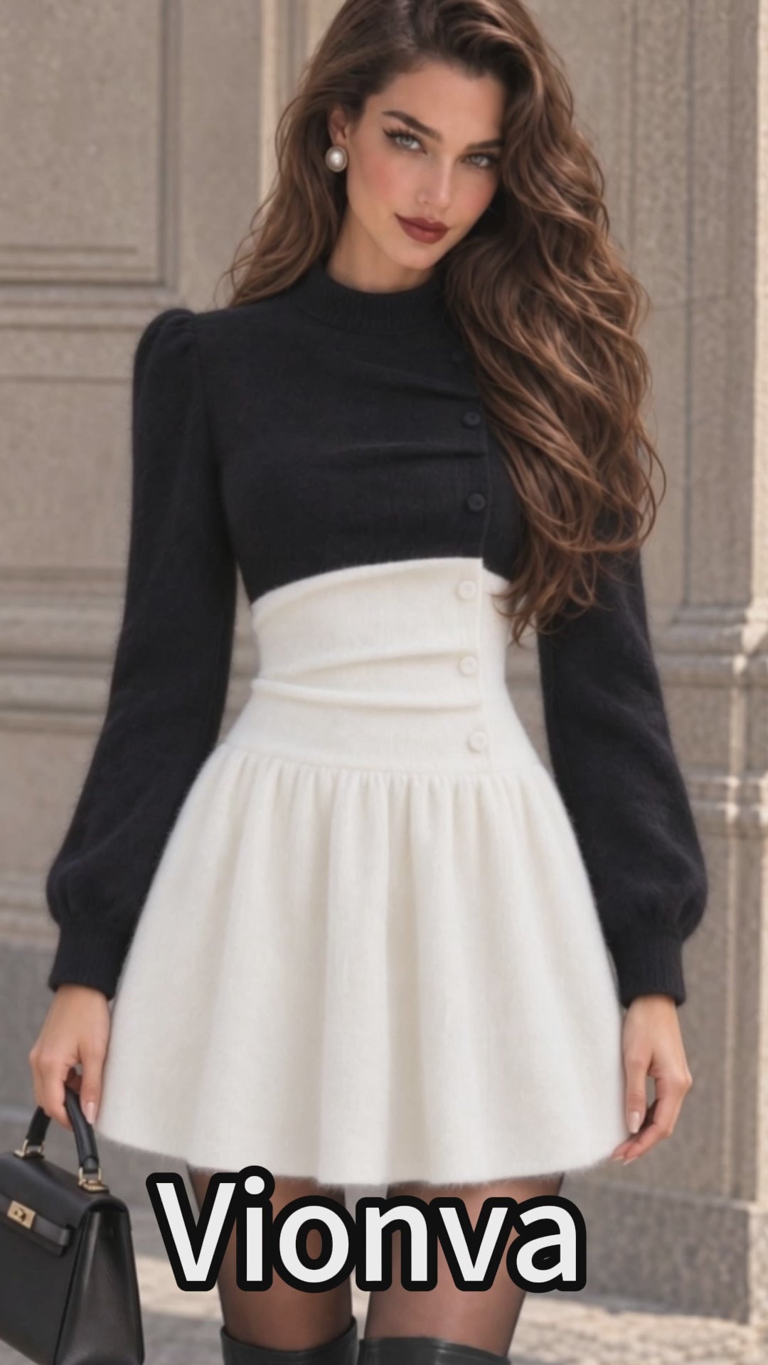 Vintage Black White Mohair Blend Puff Sleeve Dress