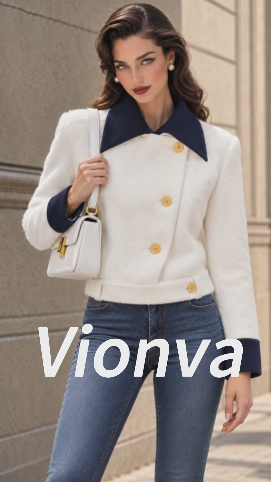 Vintage Navy-Collar Gold-Button Faux Fur Jacket