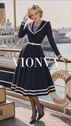 Retro Nautical Sailor Collar Midi Dress