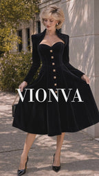 Retro Black Velvet Midi Sweetheart Fit‑Flare Dress