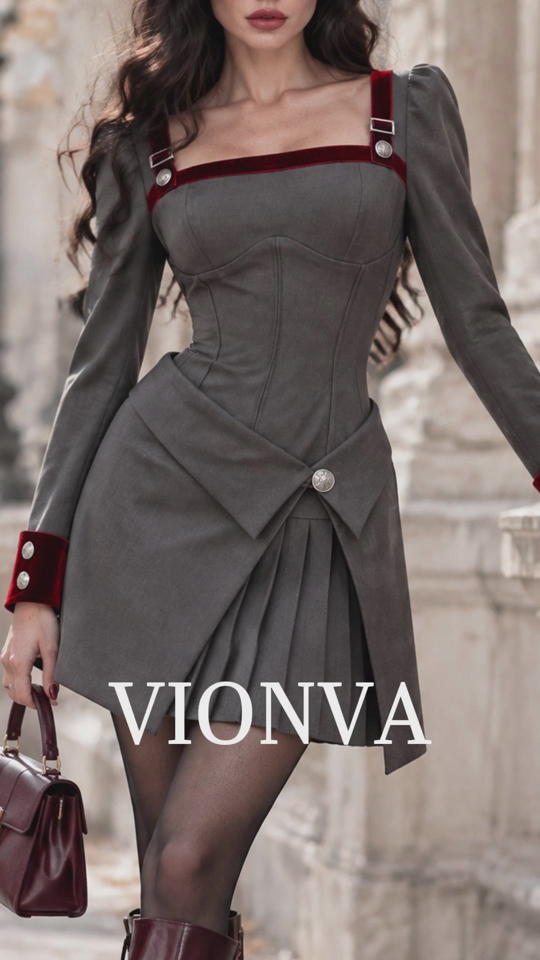 Vintage Grey Burgundy Velvet Trim Corset Puff Sleeve Pleated Mini Dress