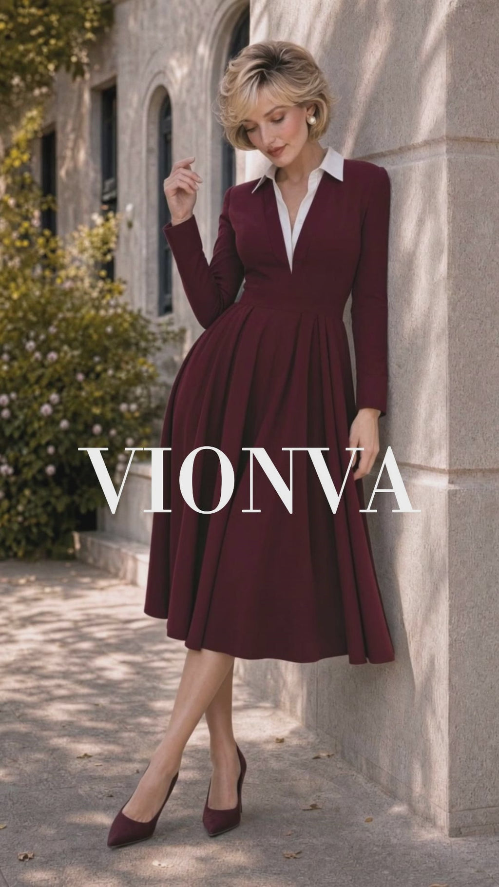 Retro Wine Red Commuter V‑Neck Midi Pleated Dress