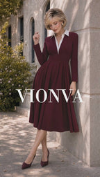 Retro Wine Red Commuter V‑Neck Midi Pleated Dress