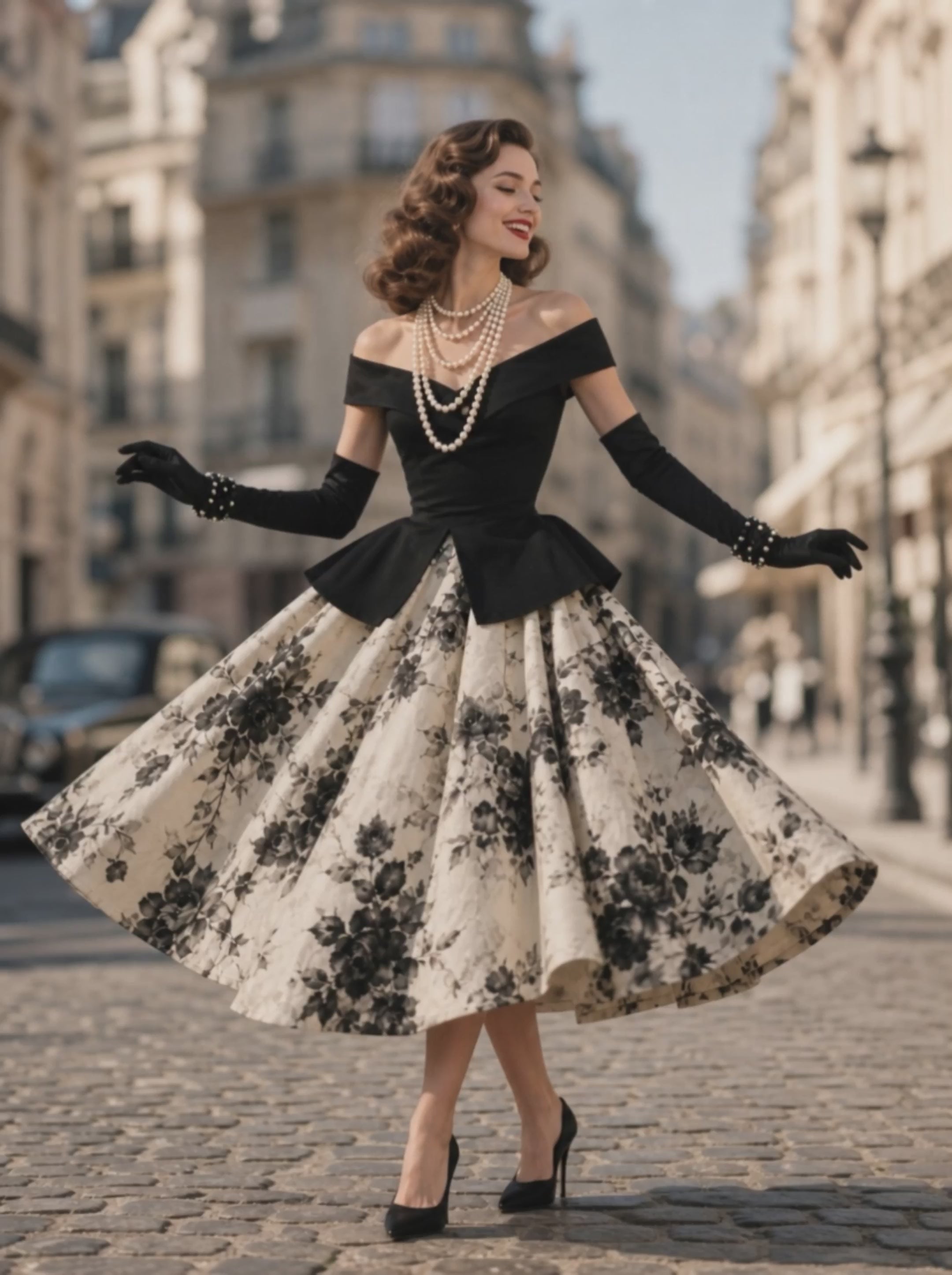 Vintage 1950s Off-Shoulder Floral Print Midi Party Dress