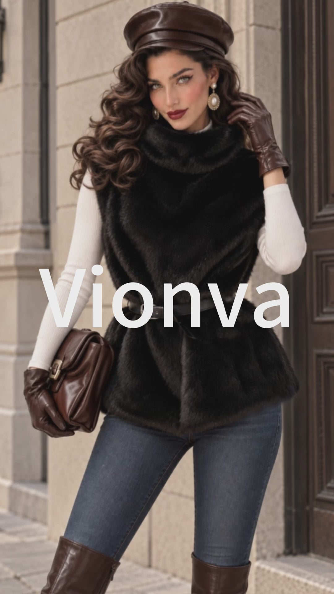 Vintage Belted Cowl-Neck Faux Fur Vest