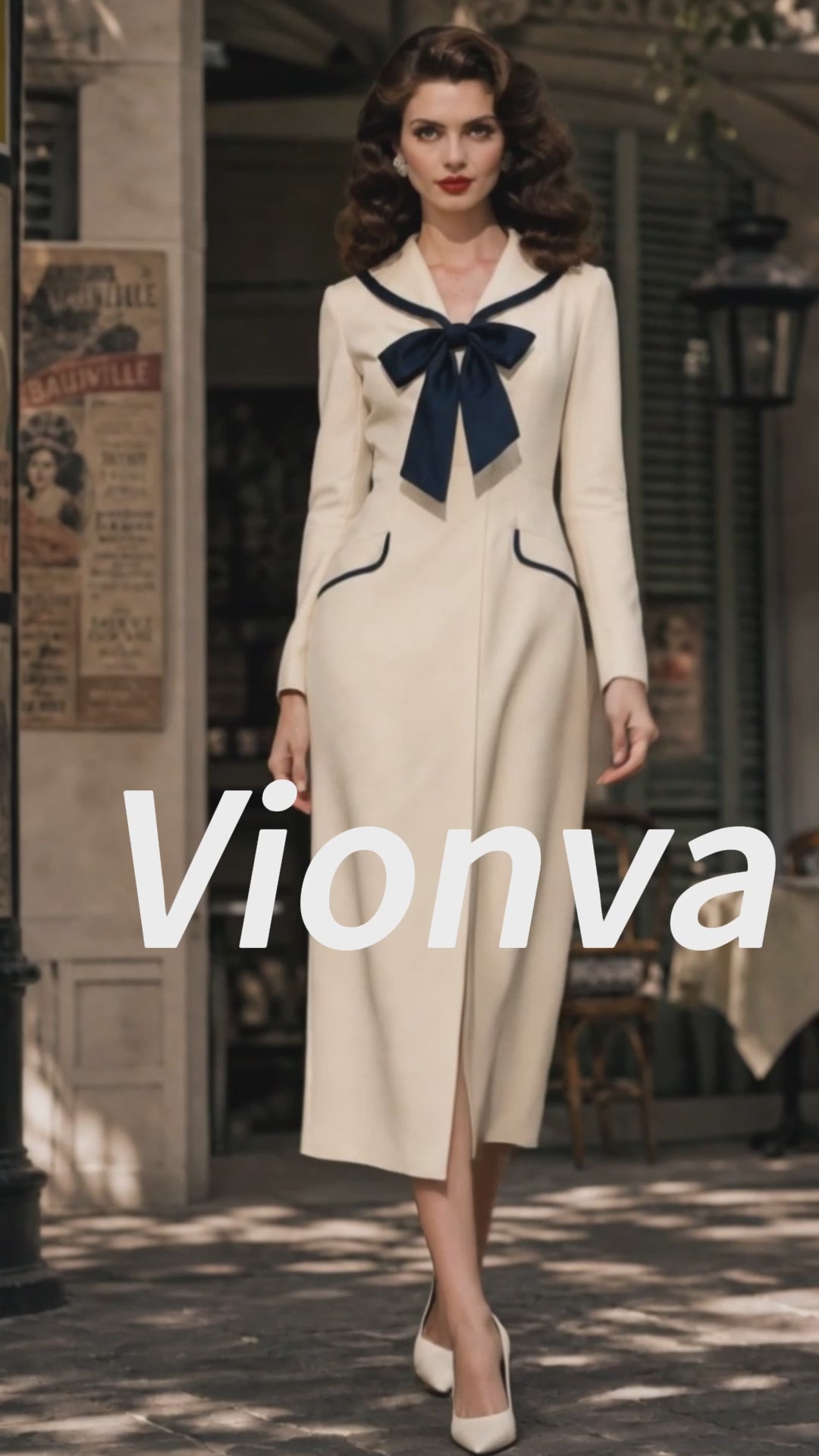 Vintage Cream Navy Bow-Tie Shawl-Collar Bodycon Midi Dress