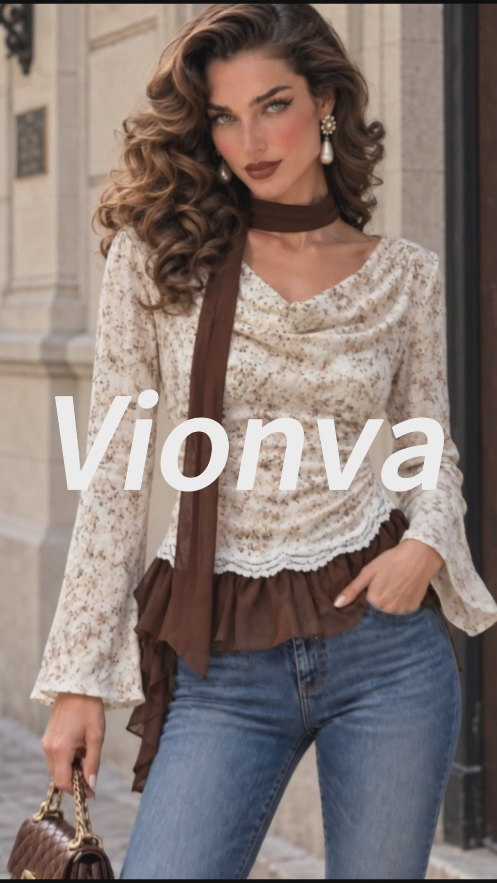 Vintage Floral-Print Cowl-Neck Ruffle Peplum Blouse
