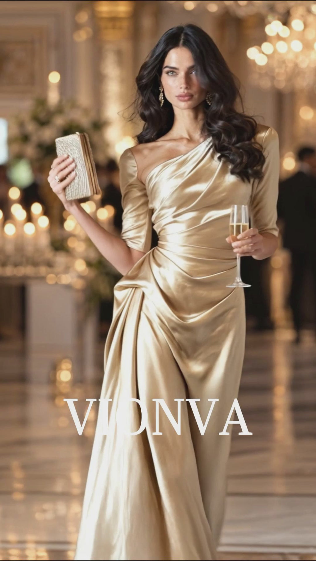 Gold Satin One Shoulder Draped Detail Evening Midi Dress