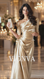 Gold Satin One Shoulder Draped Detail Evening Midi Dress