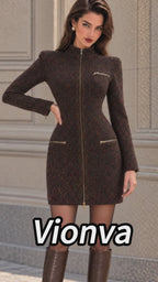 Vintage Brown Zip Front Mini Dress