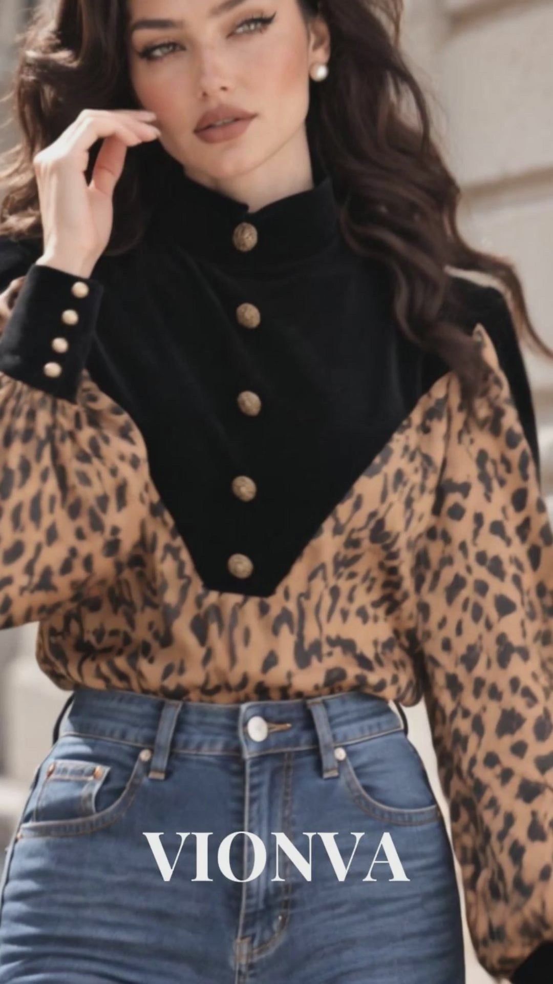 Vintage Leopard Print Color Block Spliced Long Sleeve Blouse