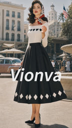 Vintage Ivory Heart Black Midi Dress