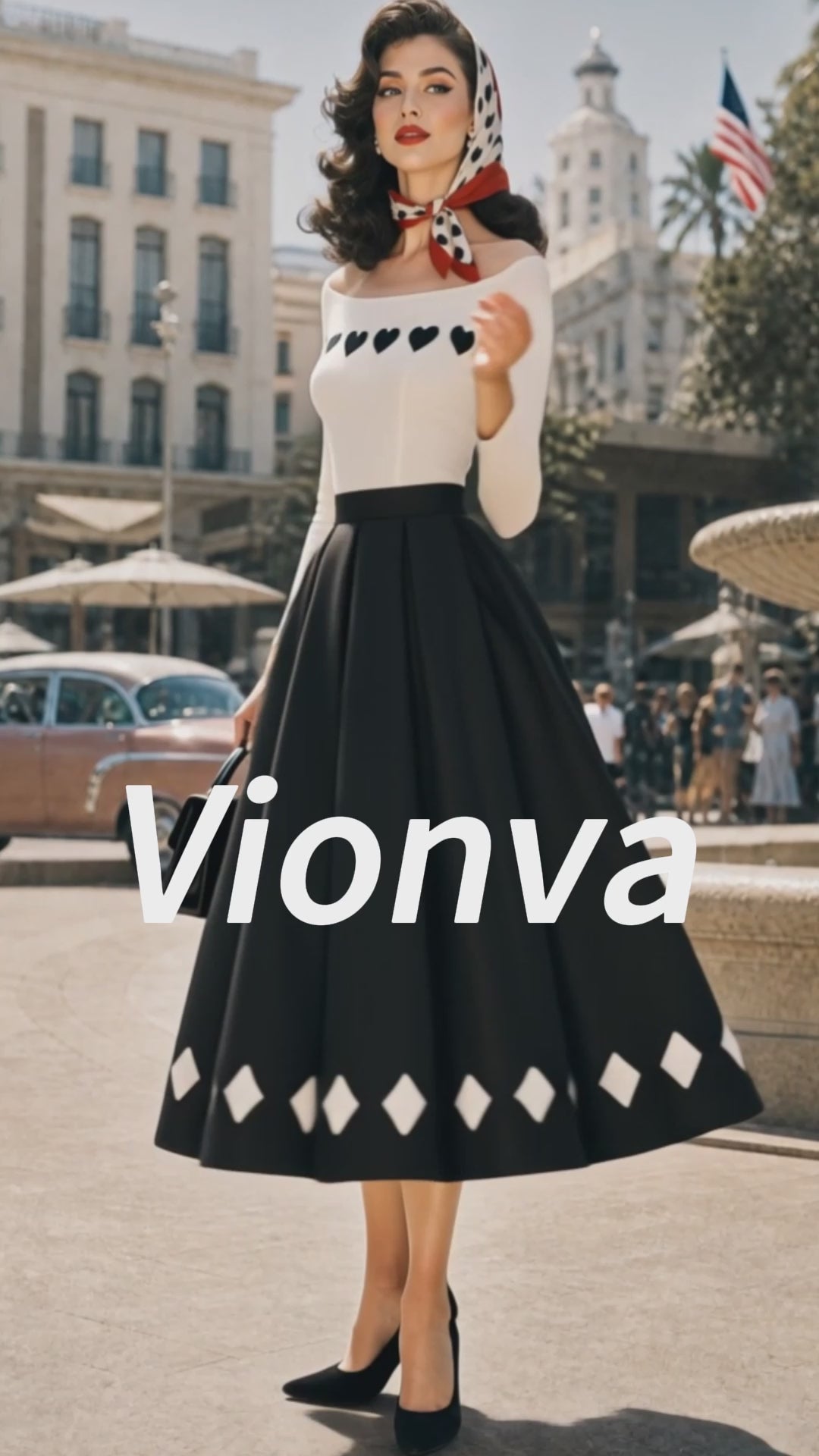 Vintage Ivory Heart Black Midi Dress