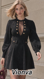 Vintage Button Puff Sleeve Mini Dress