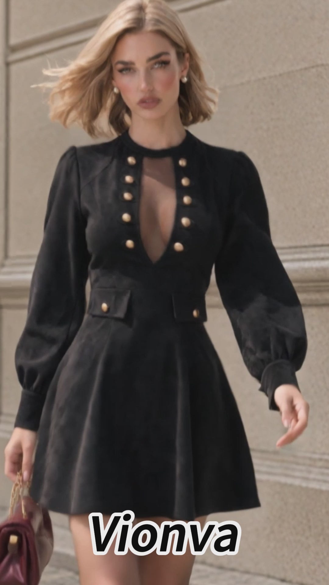 Vintage Button Puff Sleeve Mini Dress