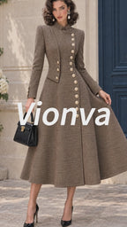 Vintage Gold-Button Houndstooth Wool Coat Dress