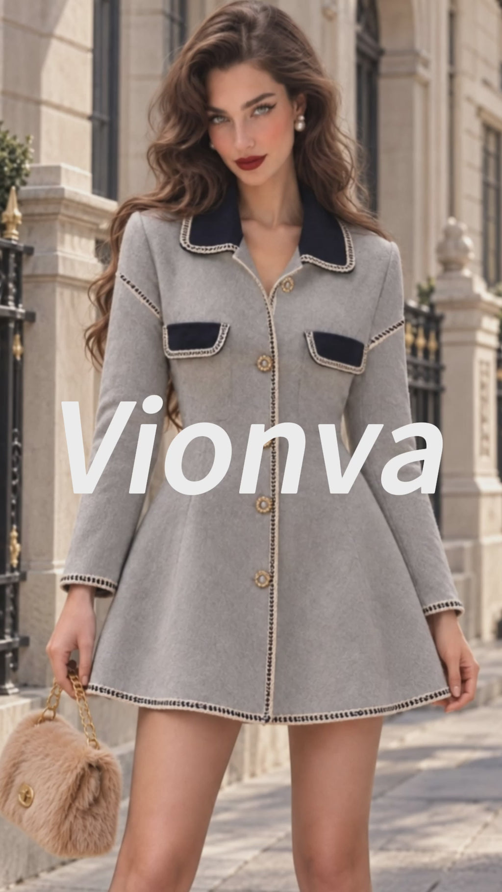 Vintage Braid-Trim Contrast-Collar Mini Dress