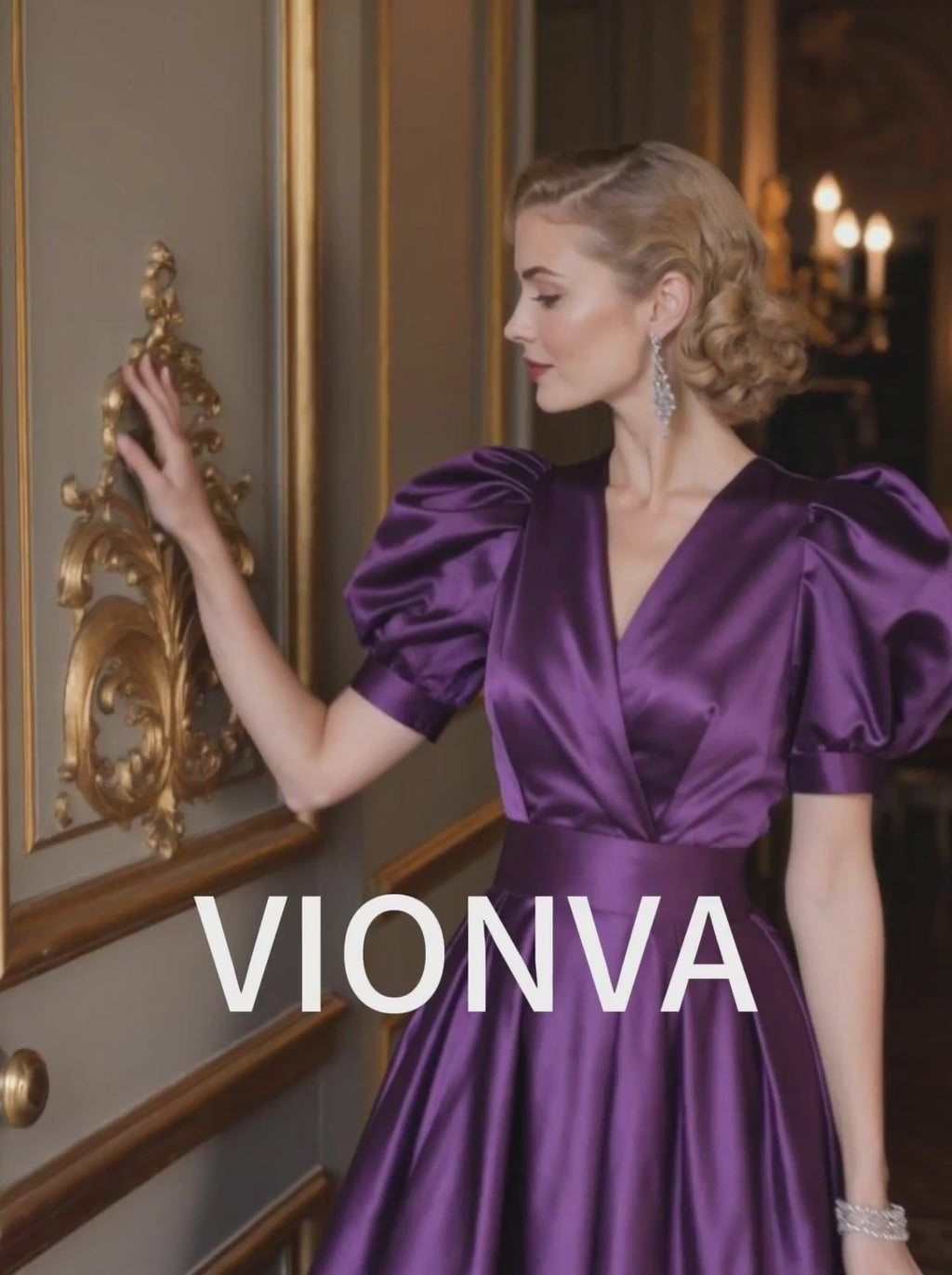 Vintage Elegant Shiny Puff Sleeve Midi Dress