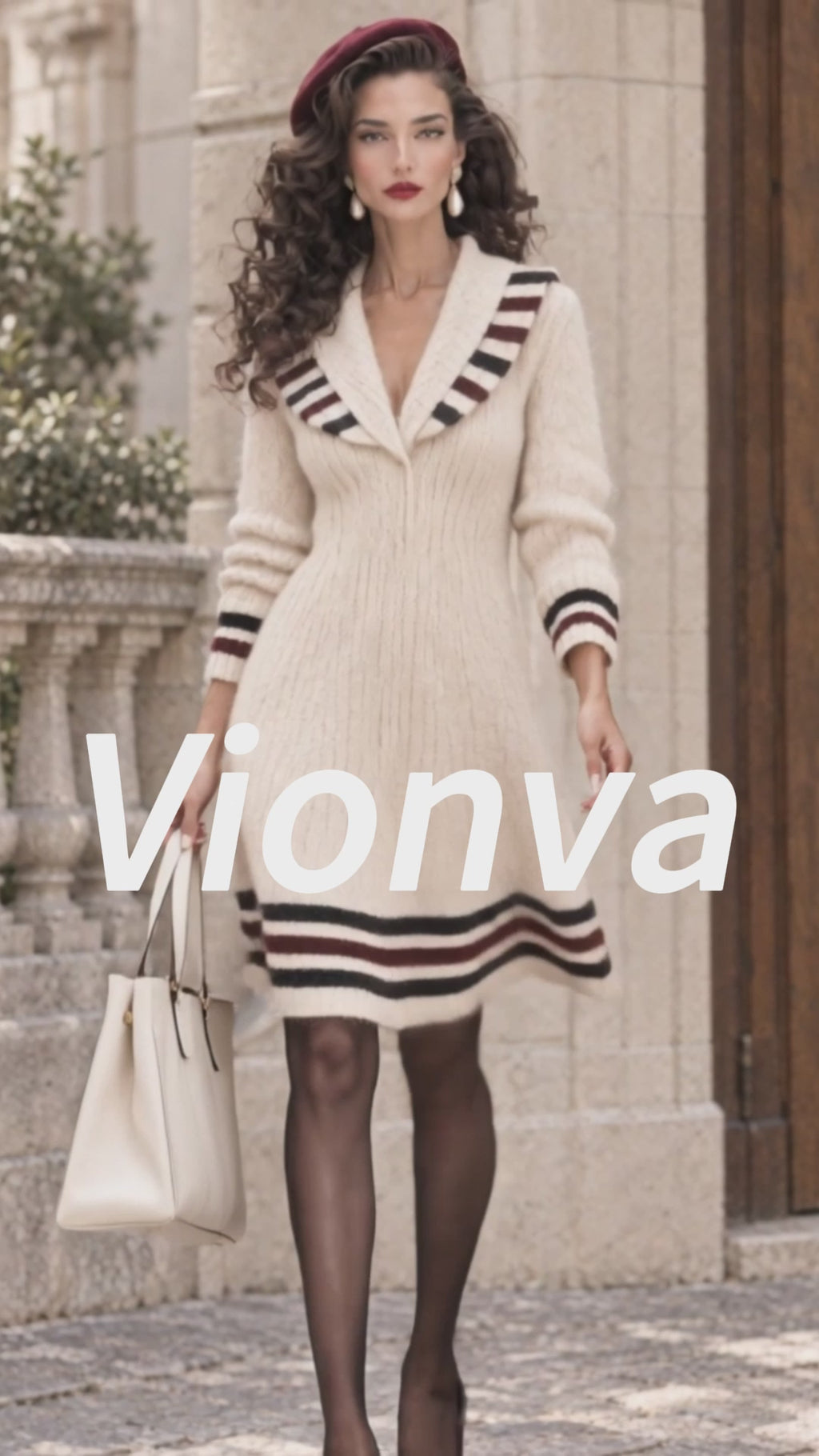Vintage Stripe Shawl-Collar Mohair Knit Dress