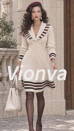 Vintage Stripe Shawl-Collar Mohair Knit Dress
