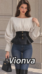 Vintage Beige Linen Look Faux Leather Peplum Blouse