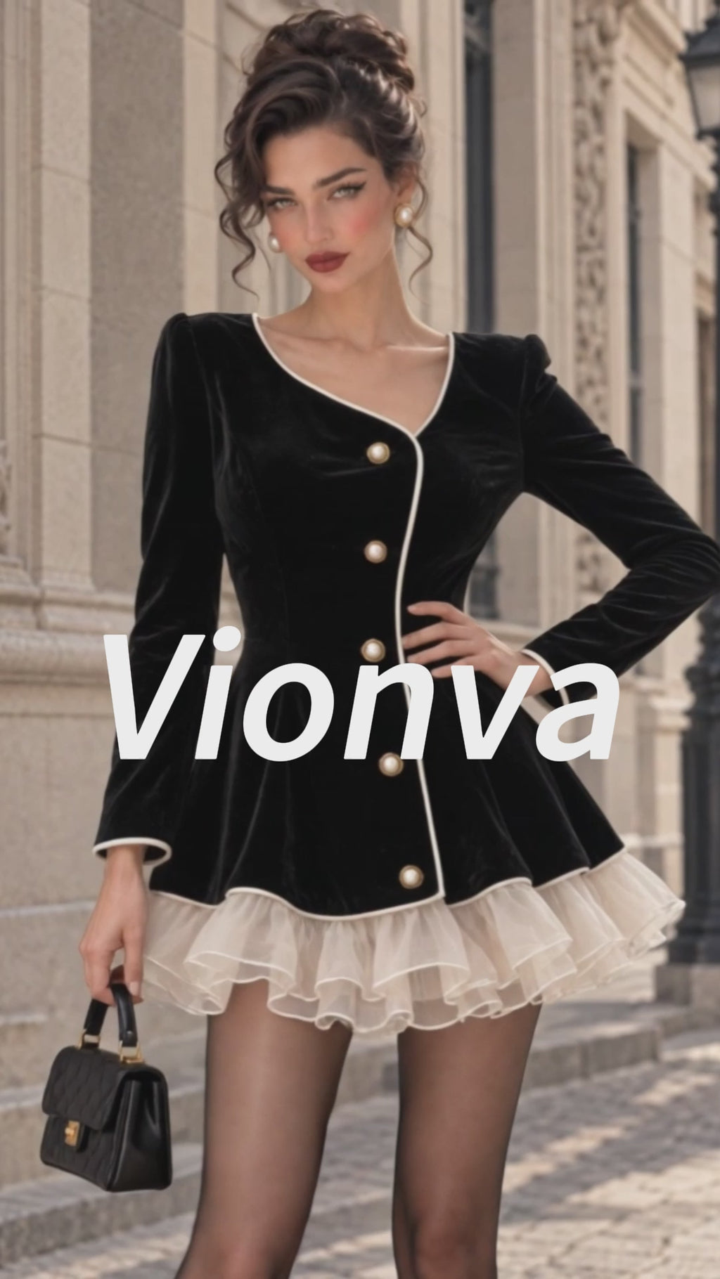 Vintage Pearl-Button Velvet Mini Dress