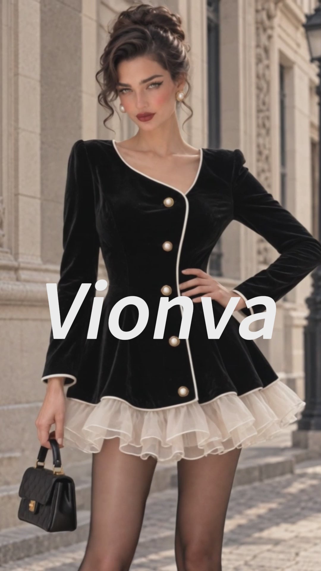 Vintage Pearl-Button Velvet Mini Dress
