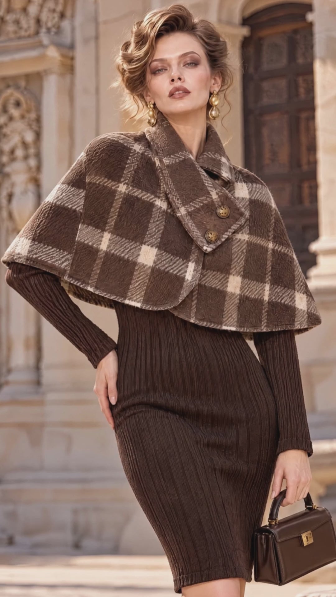 Retro Plaid Cape Midi Sweater Dress Set