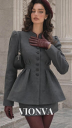 Vintage Waist-tight Woolen Coat & Skirt 2-Piece Set