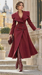 Vintage Burgundy Wide Lapel Flared Maxi Coat