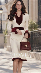 Vintage Collared Velvet Trim Ruffle Hem Slim Knit Midi Dress