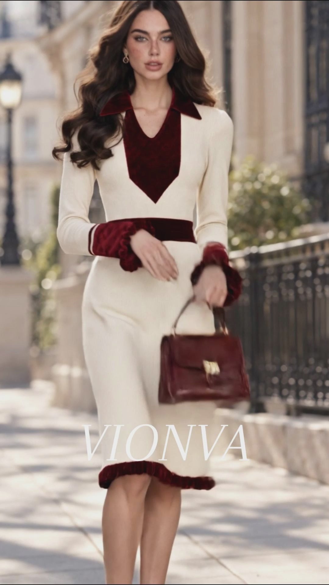 Vintage Collared Velvet Trim Ruffle Hem Slim Knit Midi Dress