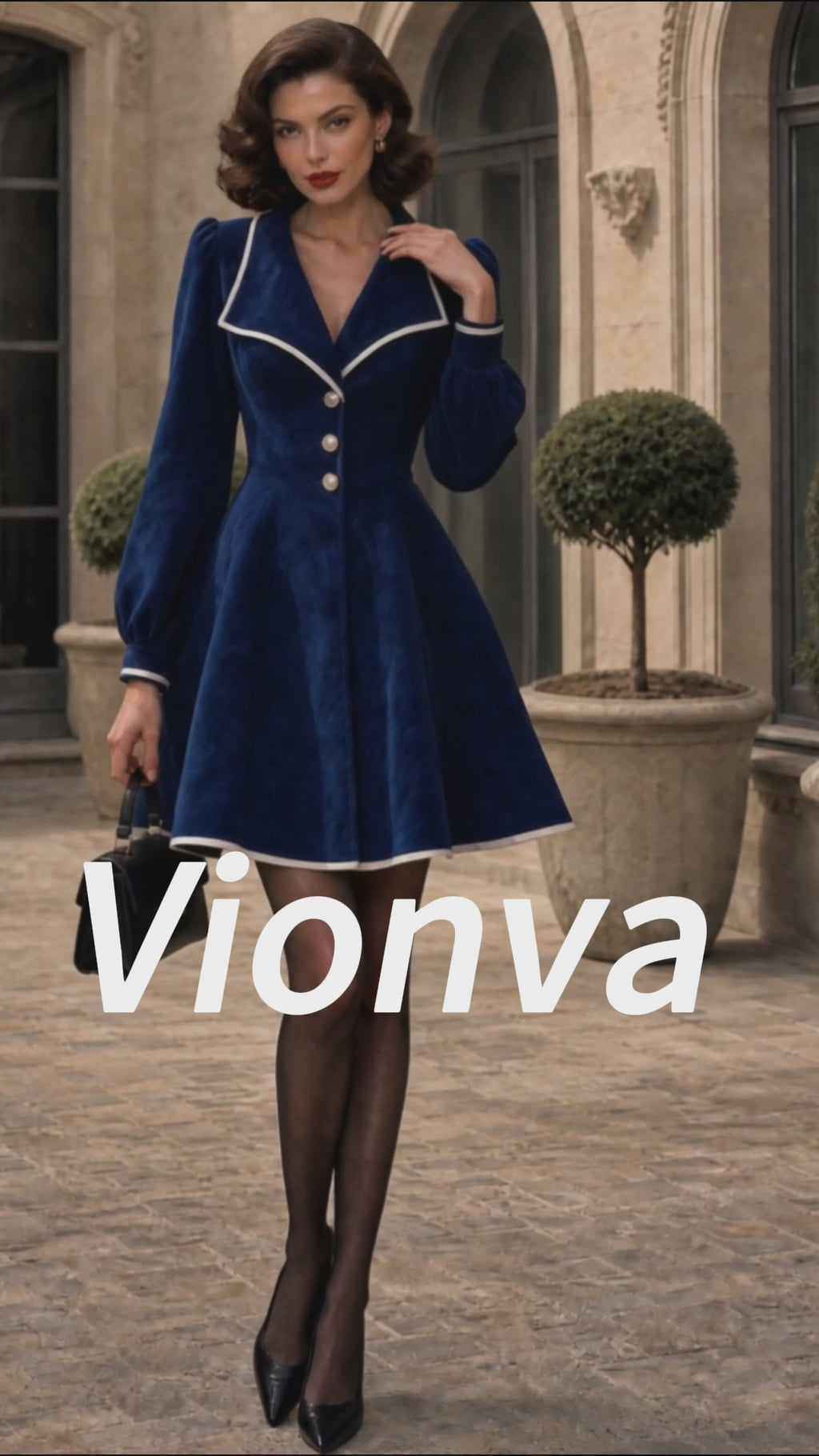 Vintage Navy Sailor-Collar Faux Suede A-Line Dress