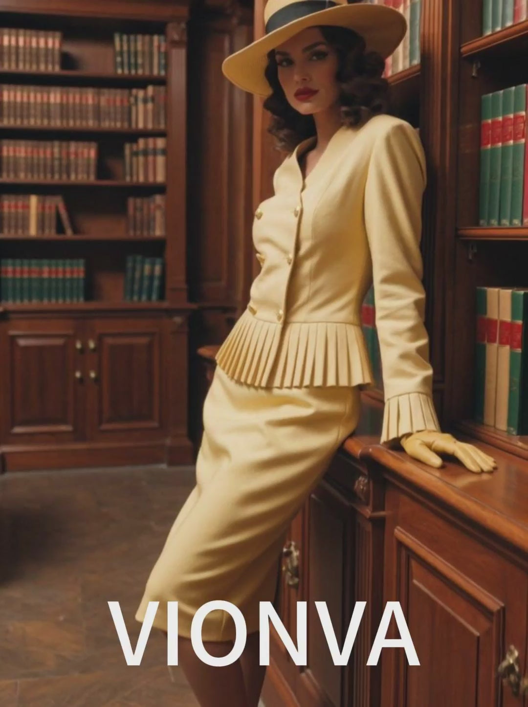 Vintage Yellow Peplum Blazer Midi Pencil Skirt Sets