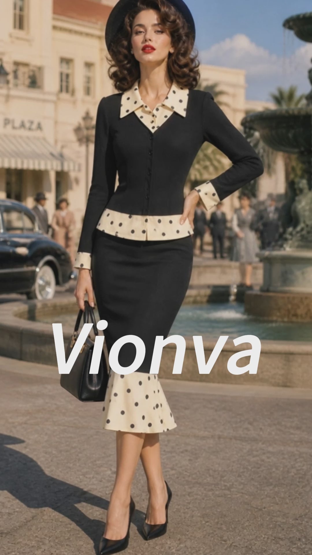 Vintage Black Polka-Dot Trim Knit Top & Skirt Set