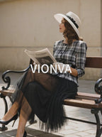 Vintage Plaid Peplum Jacket Tulle Midi Skirt Two‑Piece Set