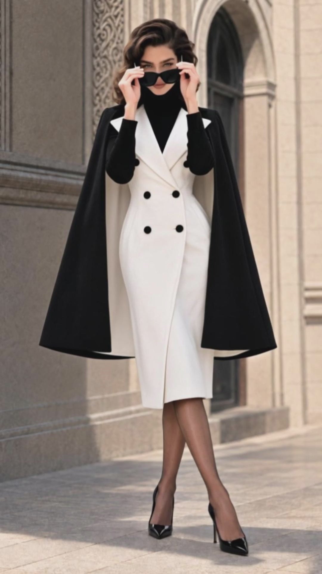 Vintage Color Block Cape Shawl Coat