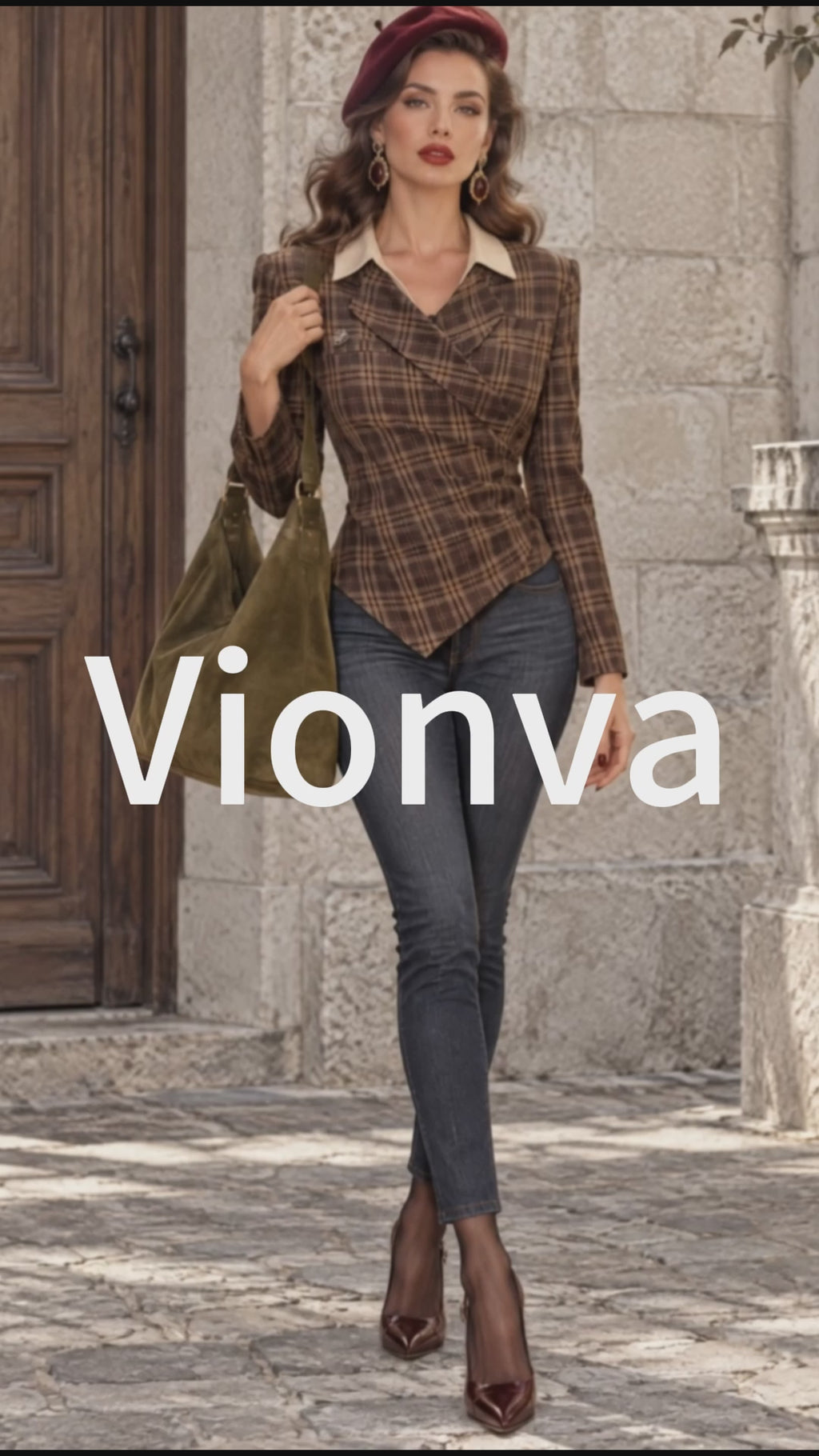 Vintage Plaid-Print Contrast-Collar Ruched Wrap Blouse