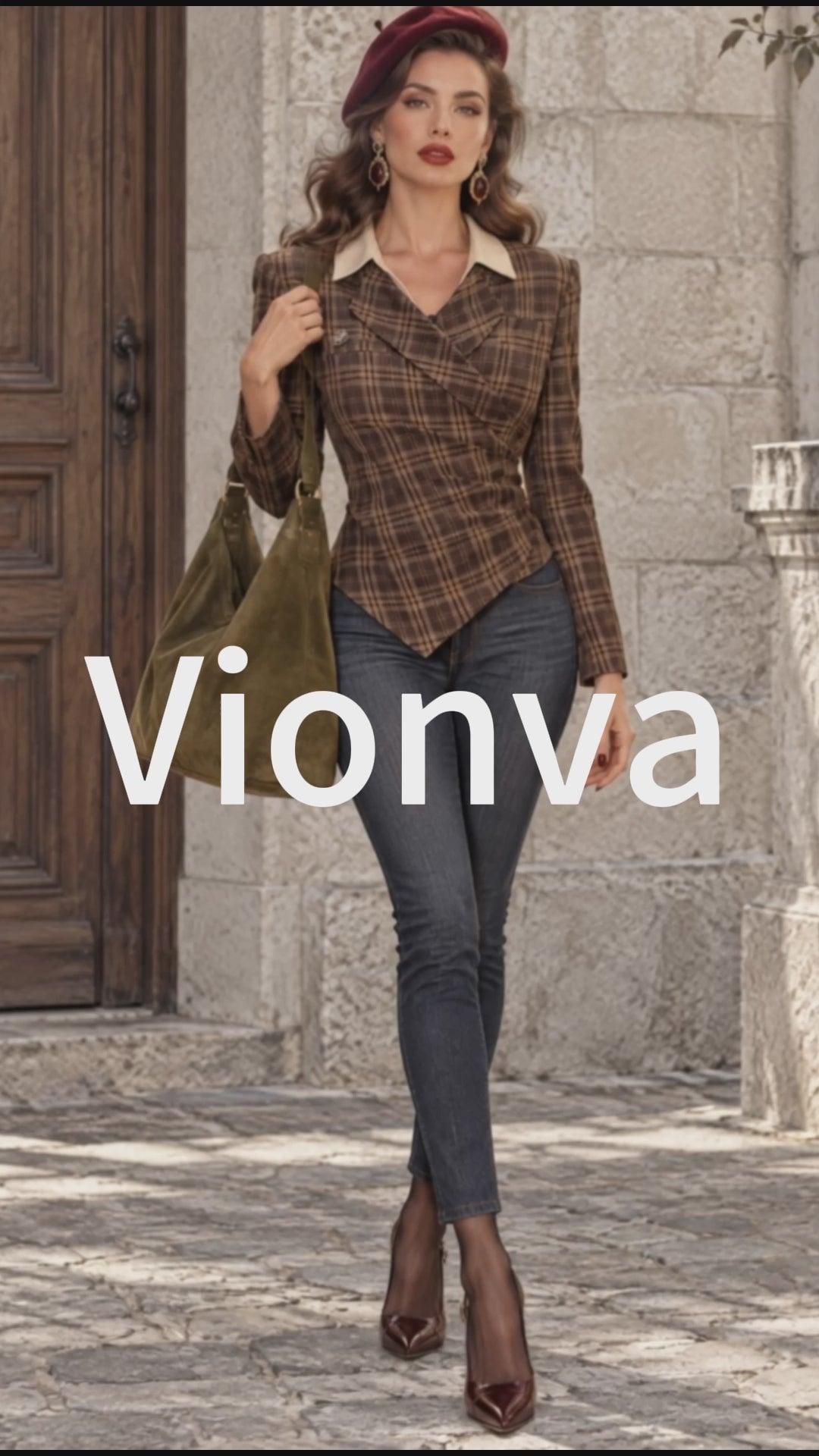Vintage Plaid-Print Contrast-Collar Ruched Wrap Blouse