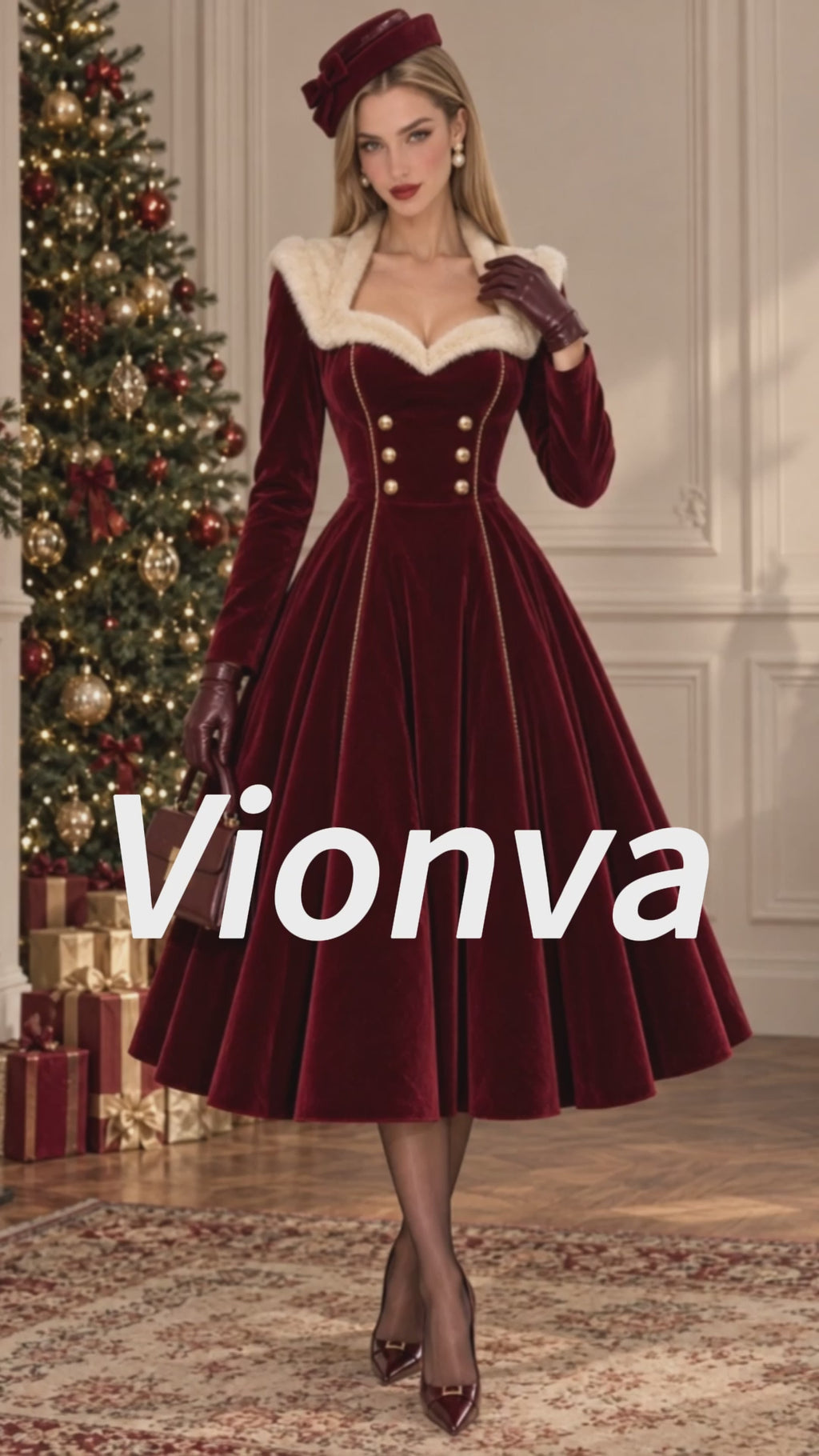 Vintage Burgundy Velvet Faux Fur Collar Dress