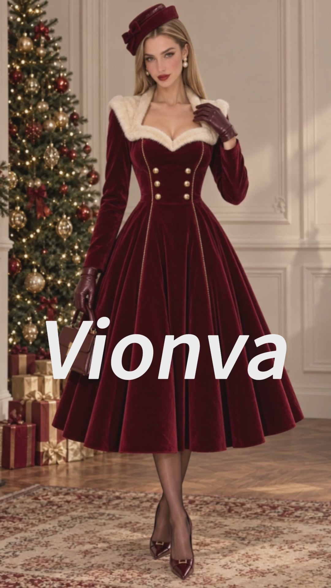 Vintage Burgundy Velvet Faux Fur Collar Dress