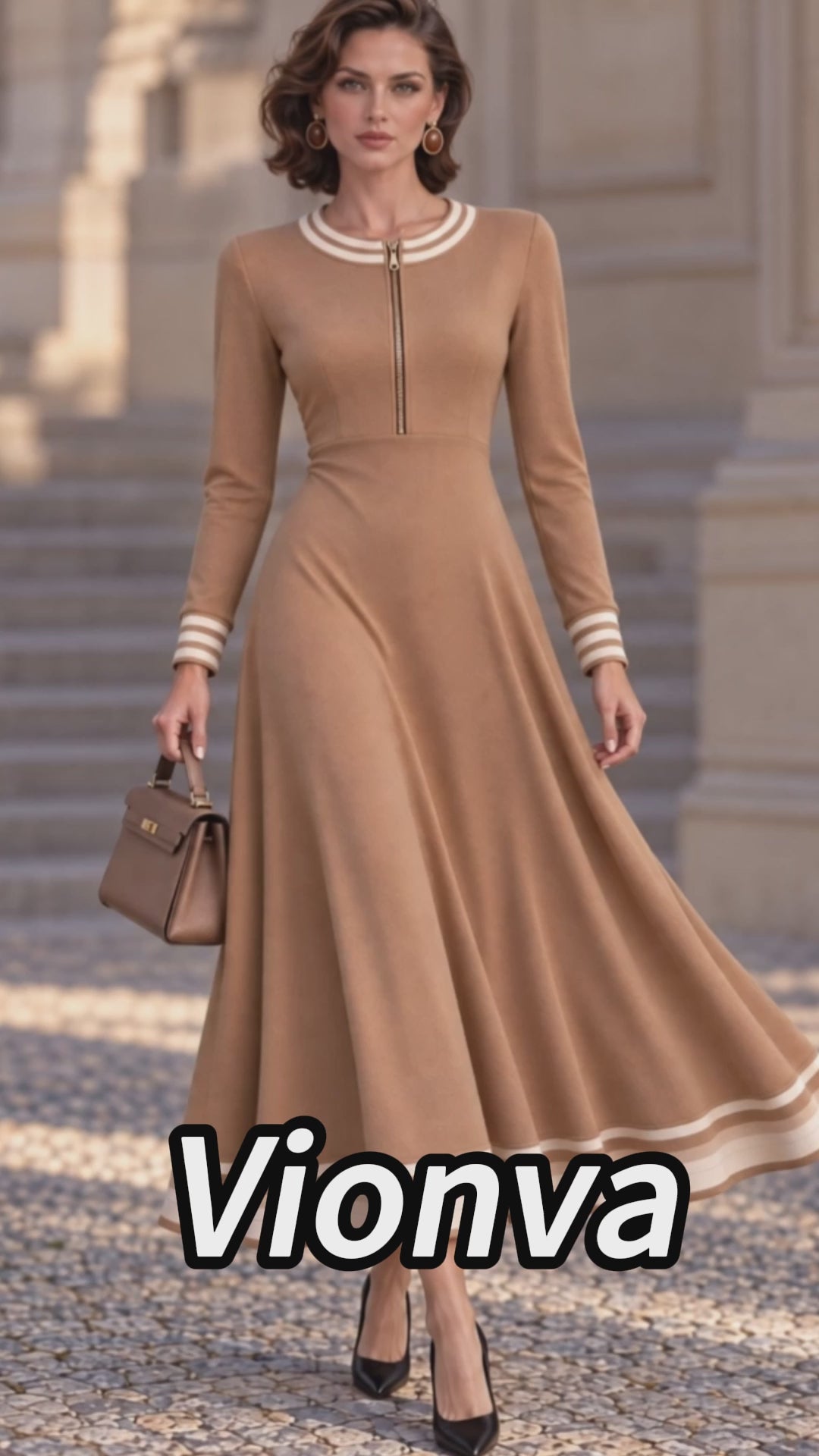 Vintage Camel Zip Neck Striped Hem Maxi Dress