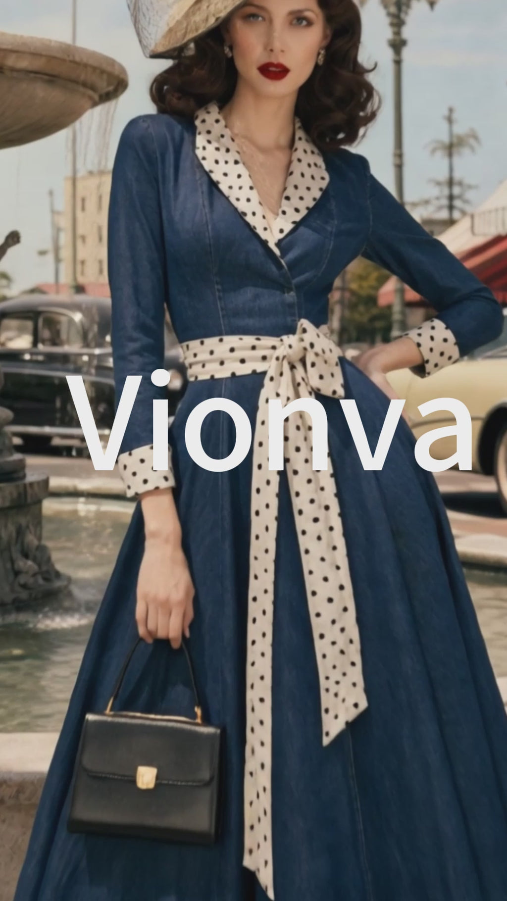 Vintage Denim Polka-Dot Shawl-Collar Belted A-Line Dress
