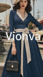 Vintage Denim Polka-Dot Shawl-Collar Belted A-Line Dress