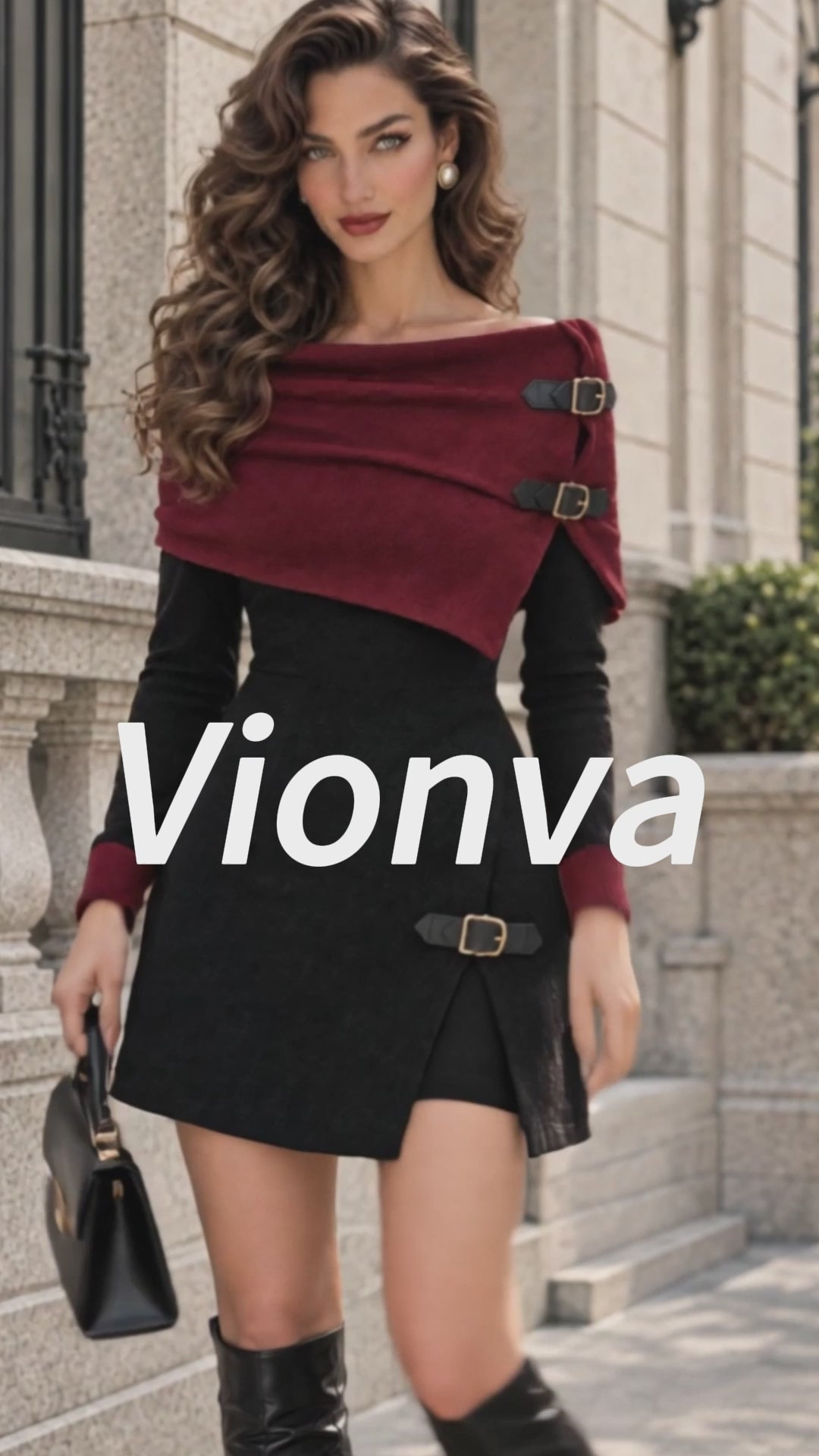 Vintage Buckle Off-Shoulder Colorblock Wool Dress