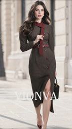 Vintage Tie Neck Puff Sleeve Belted Midi Dress