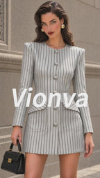 Vintage Pinstripe Flap-Pocket Collarless Mini Dress