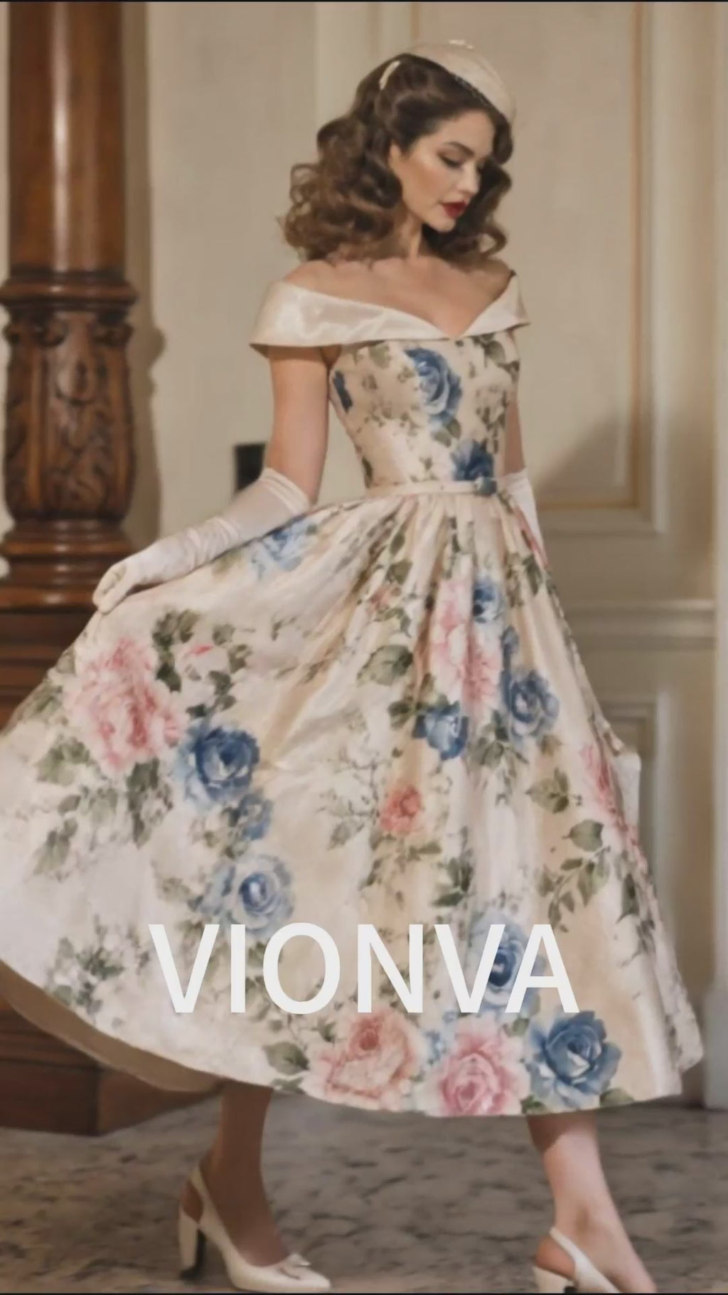 Vintage Off‑Shoulder Floral Print Satin Belted Swing Midi Dress